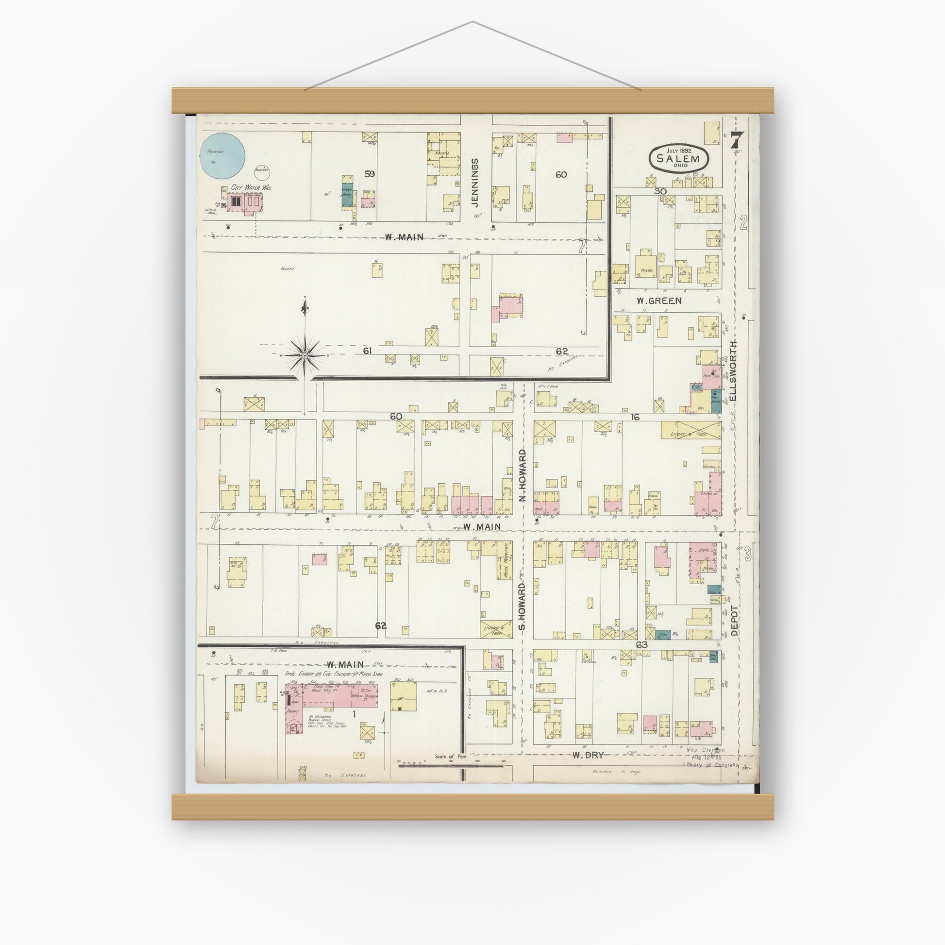 Old map wall art mockup — magnetic wood frame on white wall — Sanborn Fire Insurance Map from Salem, Columbiana County, Ohio (1892), Sheet #0007