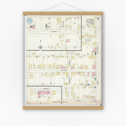 Old map wall art mockup — magnetic wood frame on white wall — Sanborn Fire Insurance Map from Salem, Columbiana County, Ohio (1892), Sheet #0007