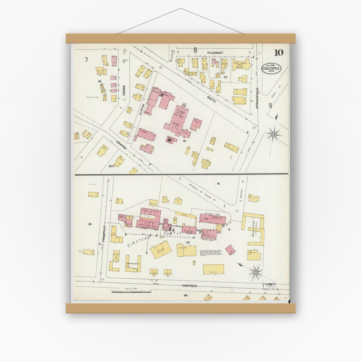 Old map wall art mockup — magnetic wood frame on white wall — Sanborn Fire Insurance Map from Chicopee, Hampden County, Massachusetts (1902), Sheet #0010