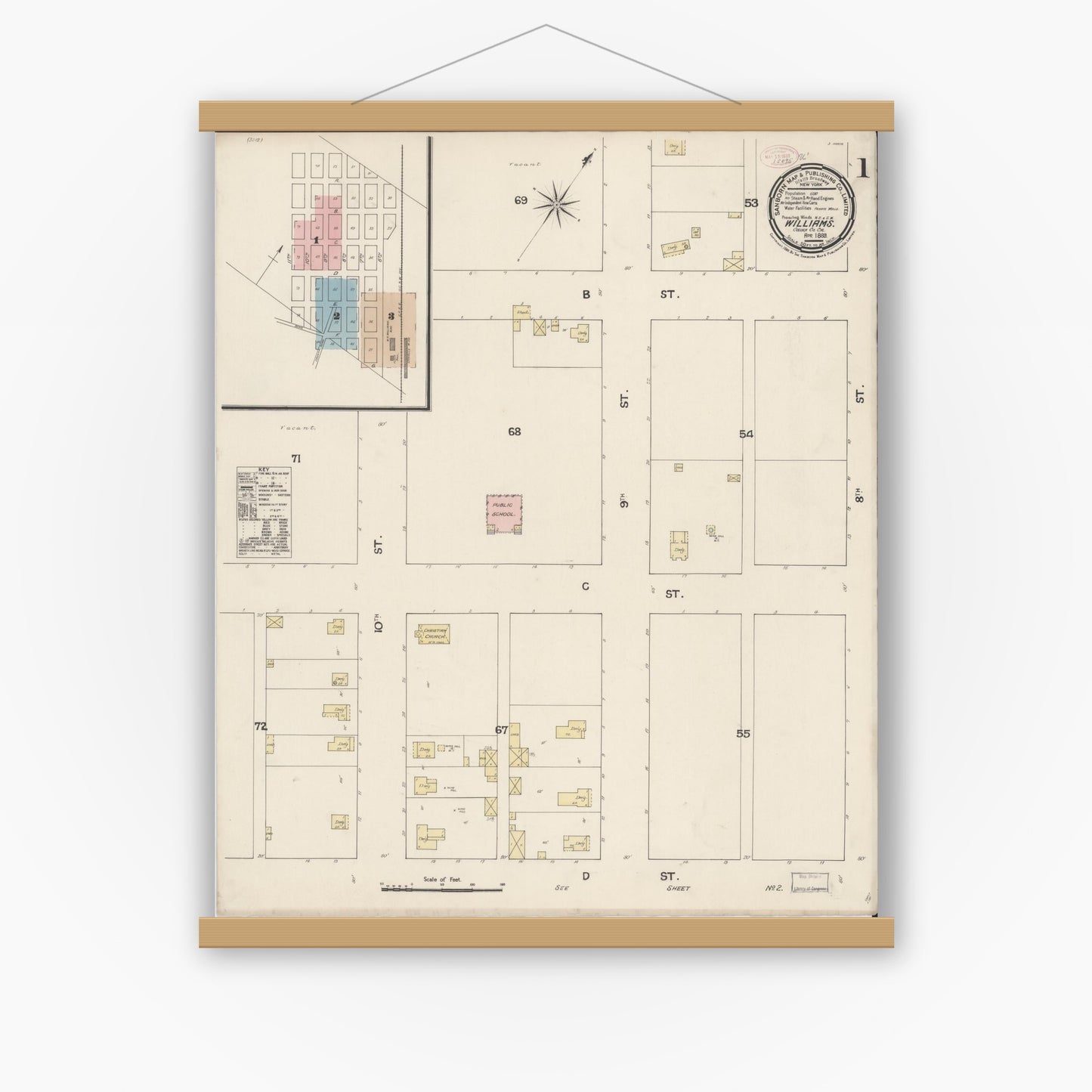 Old map wall art mockup — magnetic wood frame on white wall — Sanborn Fire Insurance Map from Williams, Colusa County, California (1889) - Complete Map Set