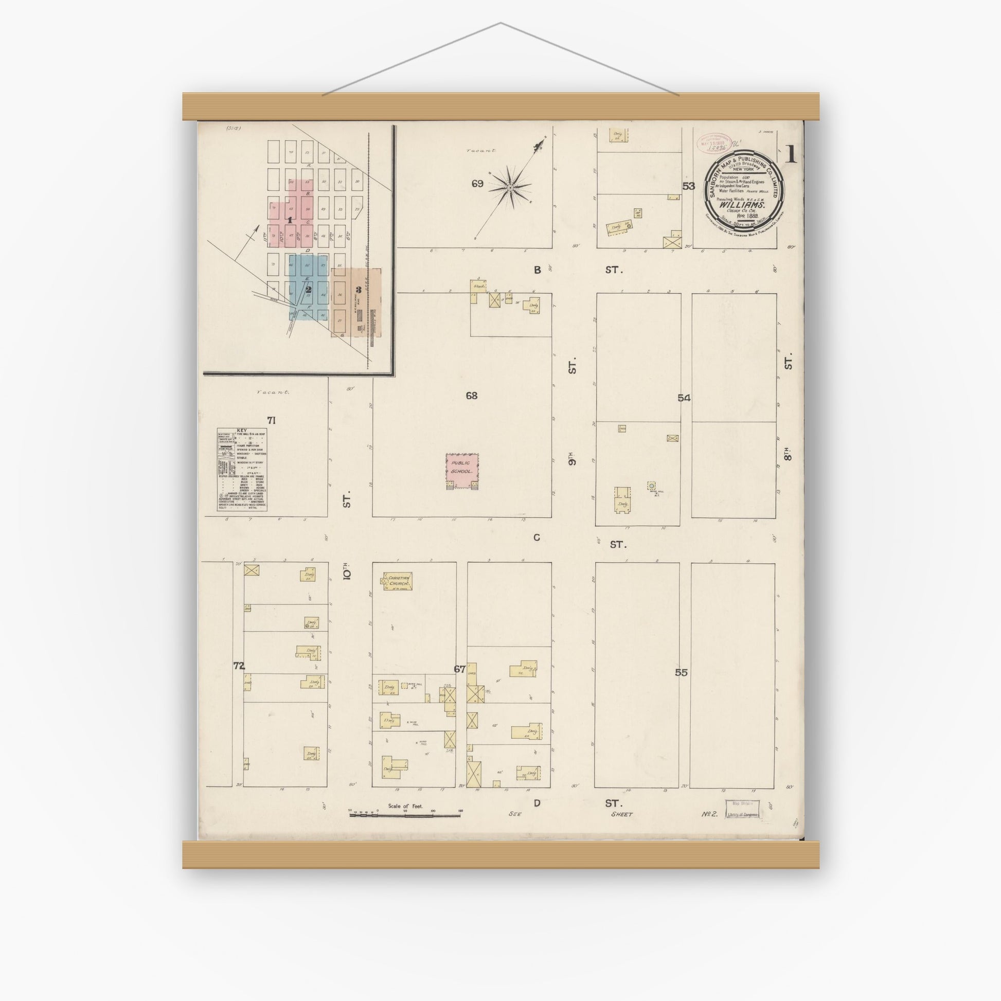 Old map wall art mockup — magnetic wood frame on white wall — Sanborn Fire Insurance Map from Williams, Colusa County, California (1889) - Complete Map Set