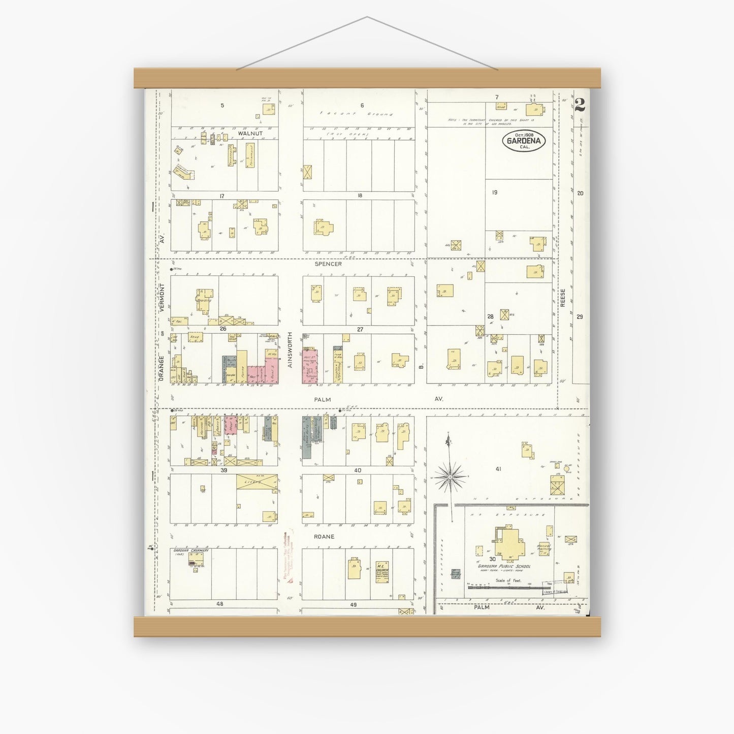Old map wall art mockup — magnetic wood frame on white wall — Sanborn Fire Insurance Map from Gardena, Los Angeles County, California (1908), Sheet #0002