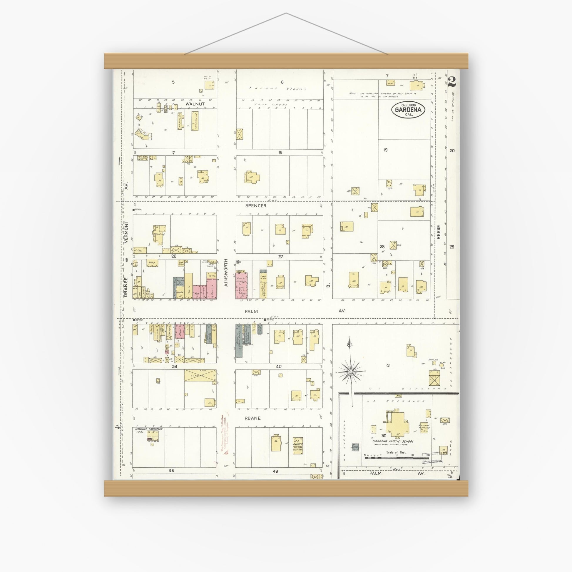 Old map wall art mockup — magnetic wood frame on white wall — Sanborn Fire Insurance Map from Gardena, Los Angeles County, California (1908), Sheet #0002