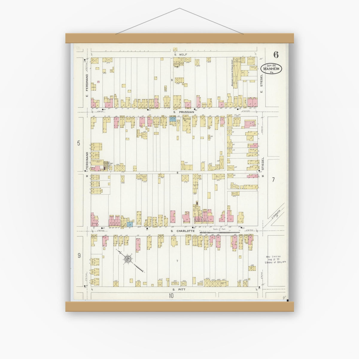 Old map wall art mockup — magnetic wood frame on white wall — Sanborn Fire Insurance Map from Manheim, Lancaster County, Pennsylvania (1912), Sheet #0006