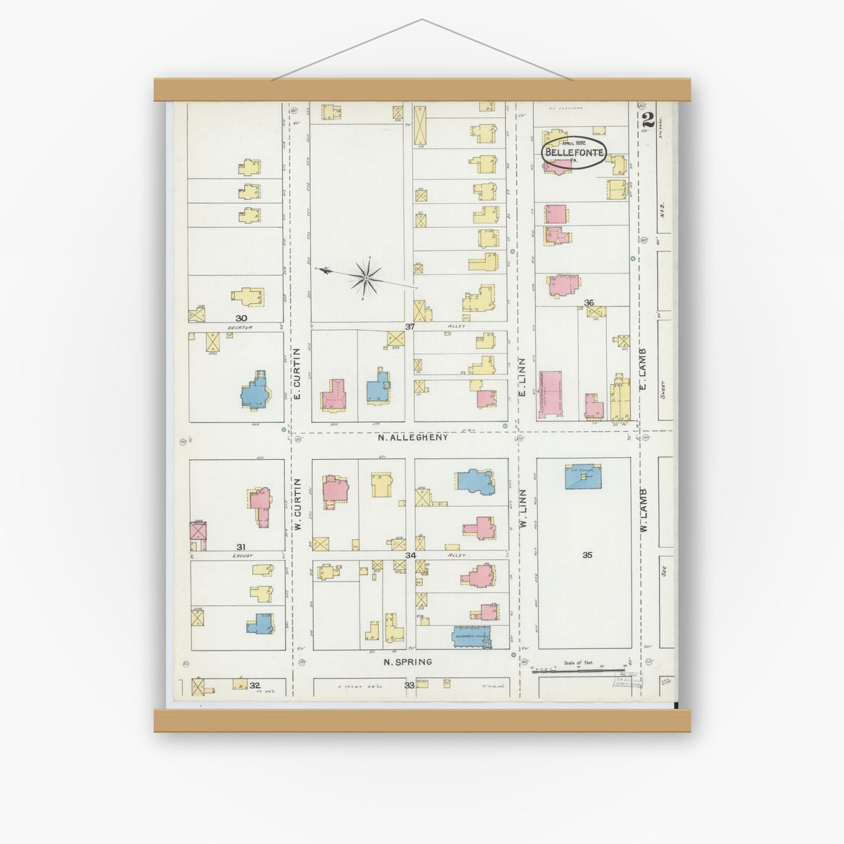 Old map wall art mockup — magnetic wood frame on white wall — Sanborn Fire Insurance Map from Bellefonte, Centre County, Pennsylvania (1892), Sheet #0002