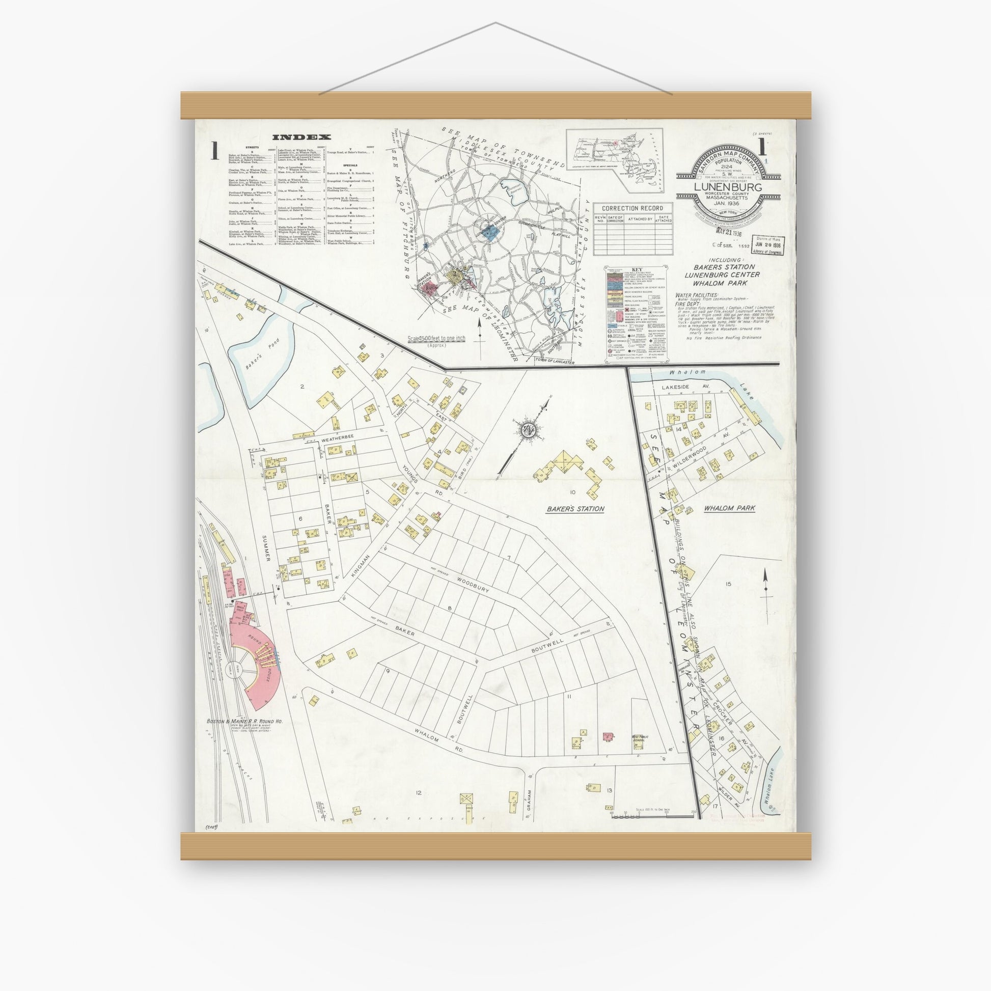 Old map wall art mockup — magnetic wood frame on white wall — Sanborn Fire Insurance Map from Lunenburg, Worcester County, Massachusetts (1936) - Complete Map Set