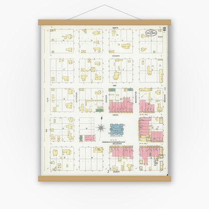 Old map wall art mockup — magnetic wood frame on white wall — Sanborn Fire Insurance Map from Kaufman, Kaufman County, Texas (1900), Sheet #0002