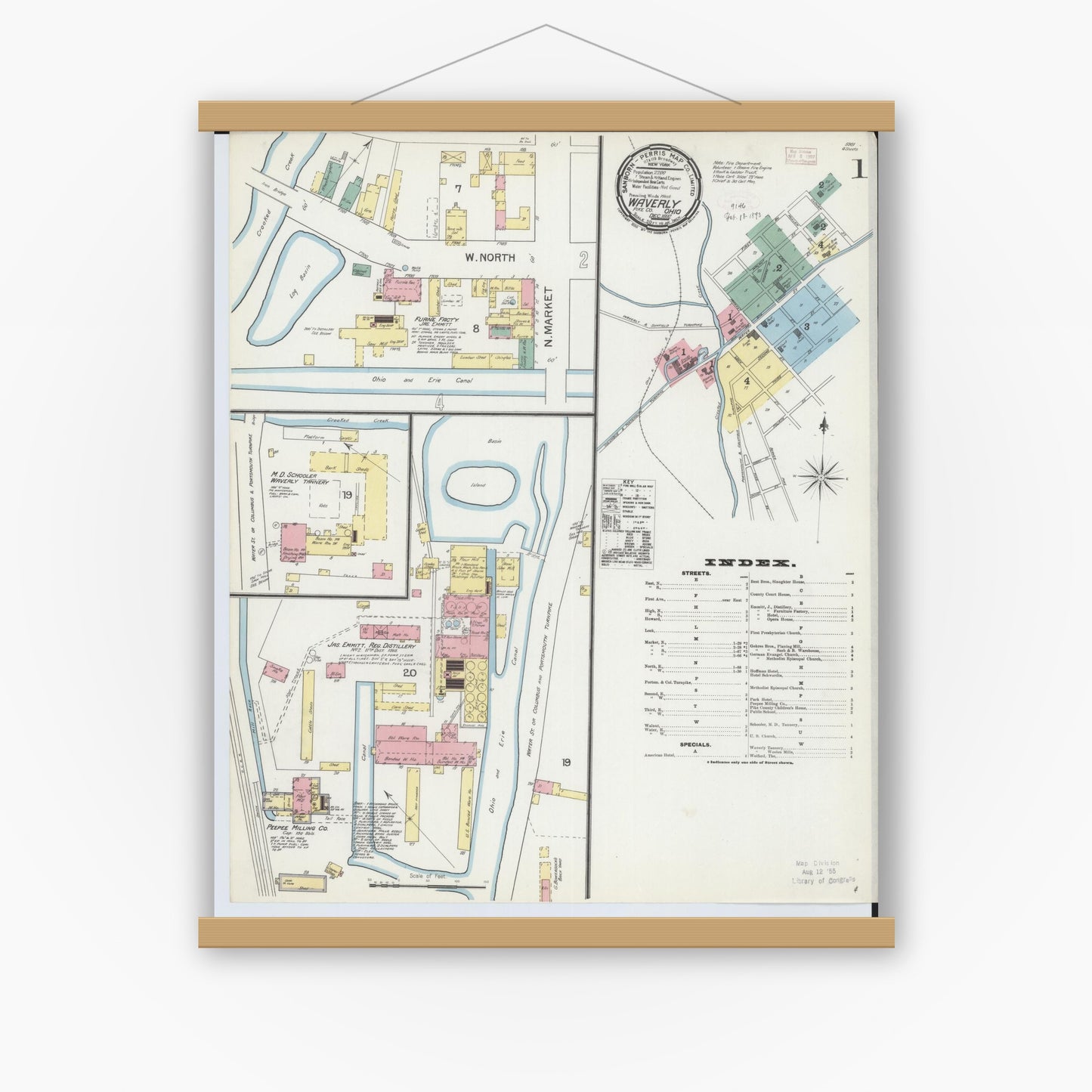 Old map wall art mockup — magnetic wood frame on white wall — Sanborn Fire Insurance Map from Waverly, Pike County, Ohio (1892) - Complete Map Set