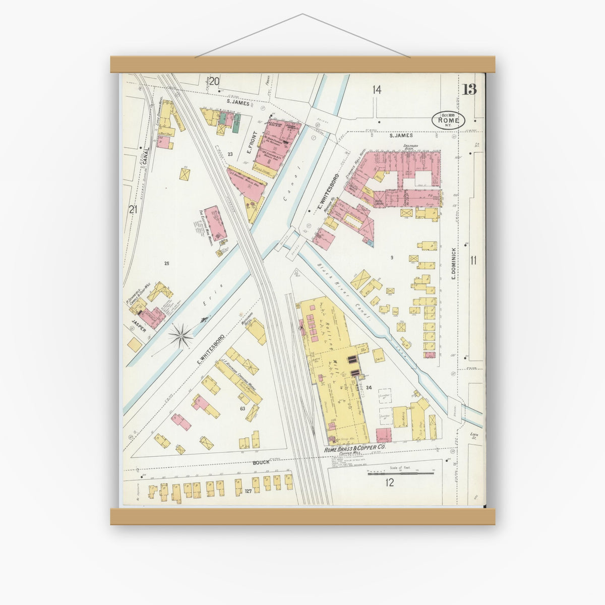 Old map wall art mockup — magnetic wood frame on white wall — Sanborn Fire Insurance Map from Rome, Oneida County, New York (1899), Sheet #0013