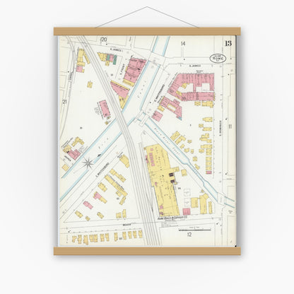 Old map wall art mockup — magnetic wood frame on white wall — Sanborn Fire Insurance Map from Rome, Oneida County, New York (1899), Sheet #0013
