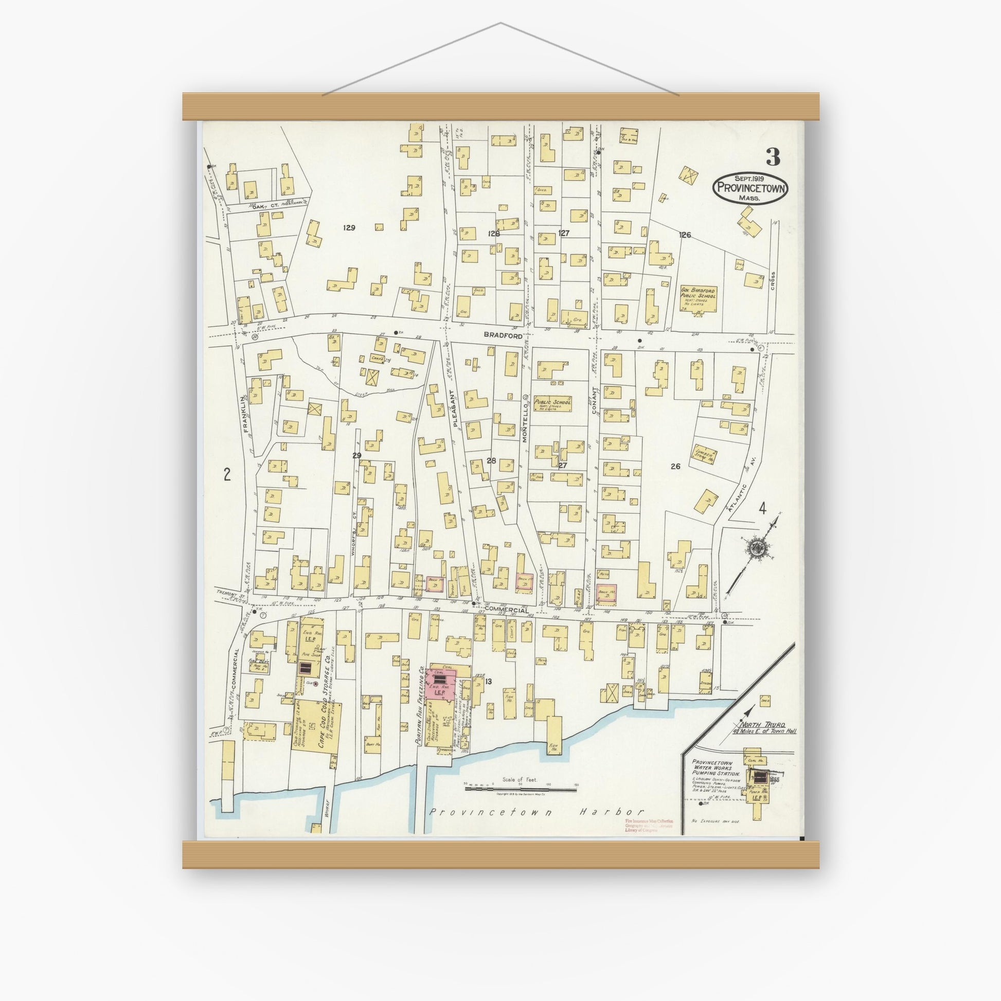 Old map wall art mockup — magnetic wood frame on white wall — Sanborn Fire Insurance Map from Provincetown, Barnstable County, Massachusetts (1919), Sheet #0003