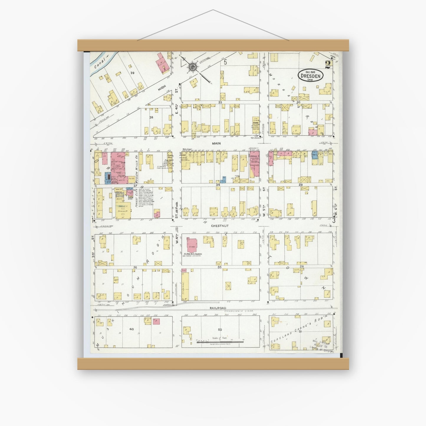Old map wall art mockup — magnetic wood frame on white wall — Sanborn Fire Insurance Map from Dresden, Muskingum County, Ohio (1918), Sheet #0002