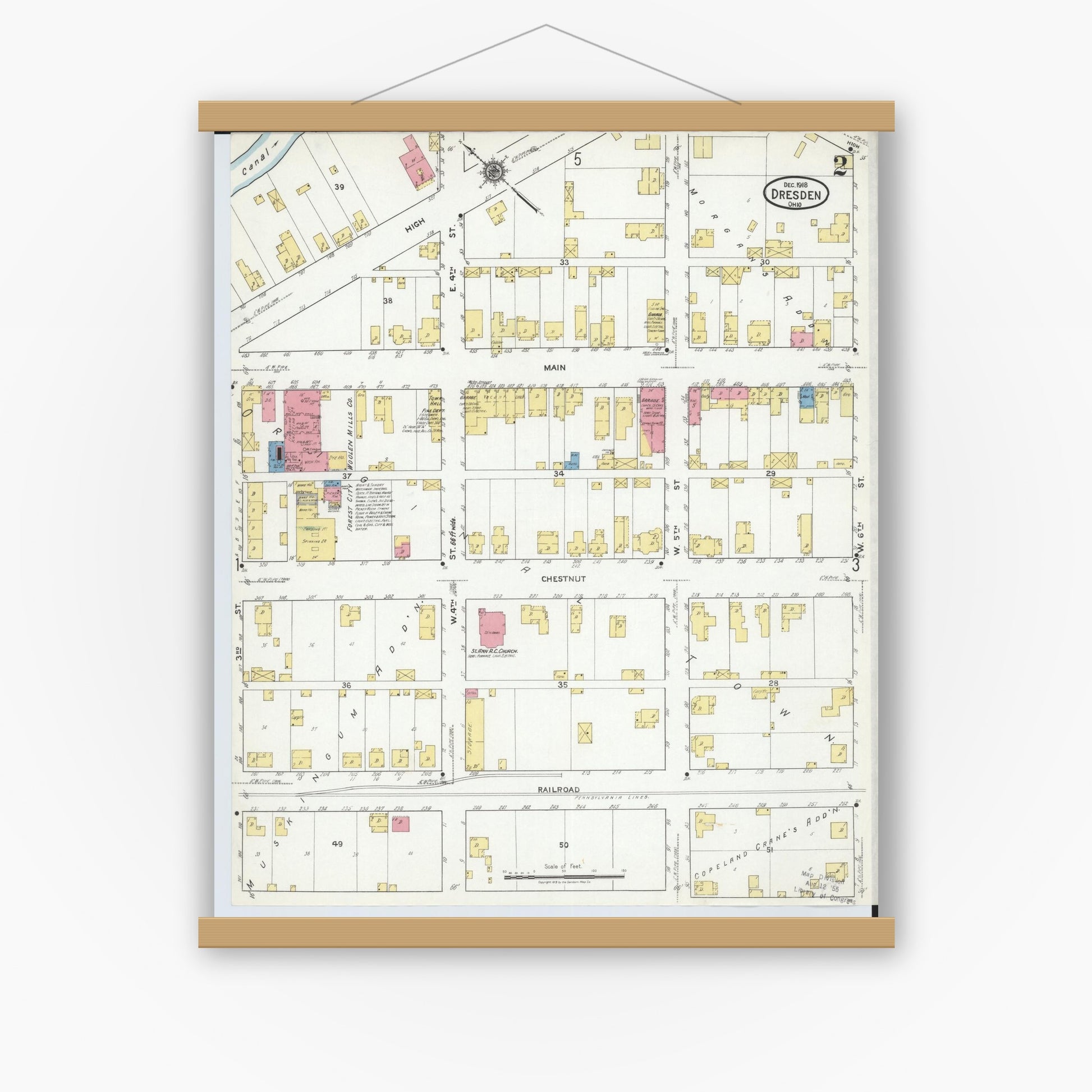 Old map wall art mockup — magnetic wood frame on white wall — Sanborn Fire Insurance Map from Dresden, Muskingum County, Ohio (1918), Sheet #0002