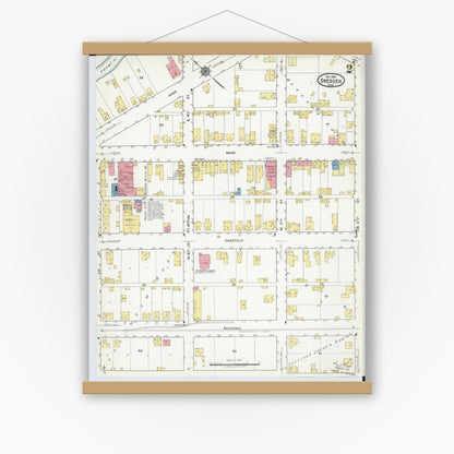 Old map wall art mockup — magnetic wood frame on white wall — Sanborn Fire Insurance Map from Dresden, Muskingum County, Ohio (1918), Sheet #0002