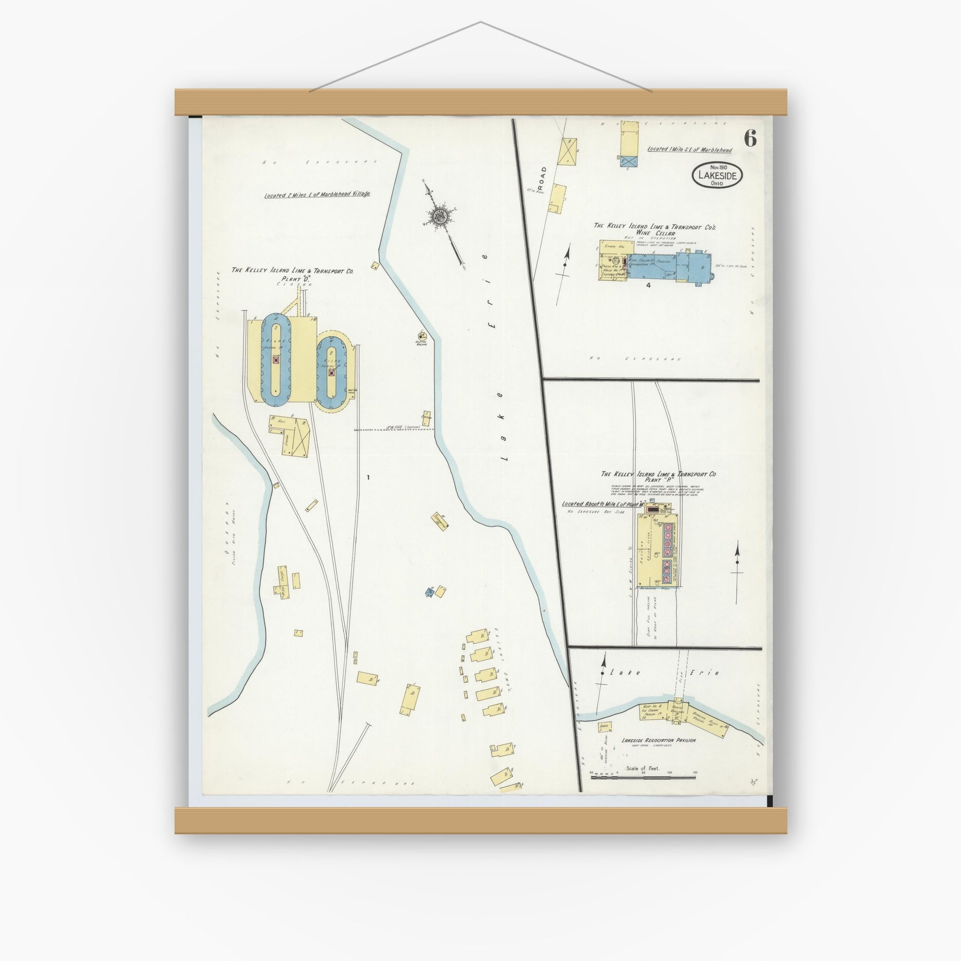 Old map wall art mockup — magnetic wood frame on white wall — Sanborn Fire Insurance Map from Lakeside, Ottawa County, Ohio (1910), Sheet #0006