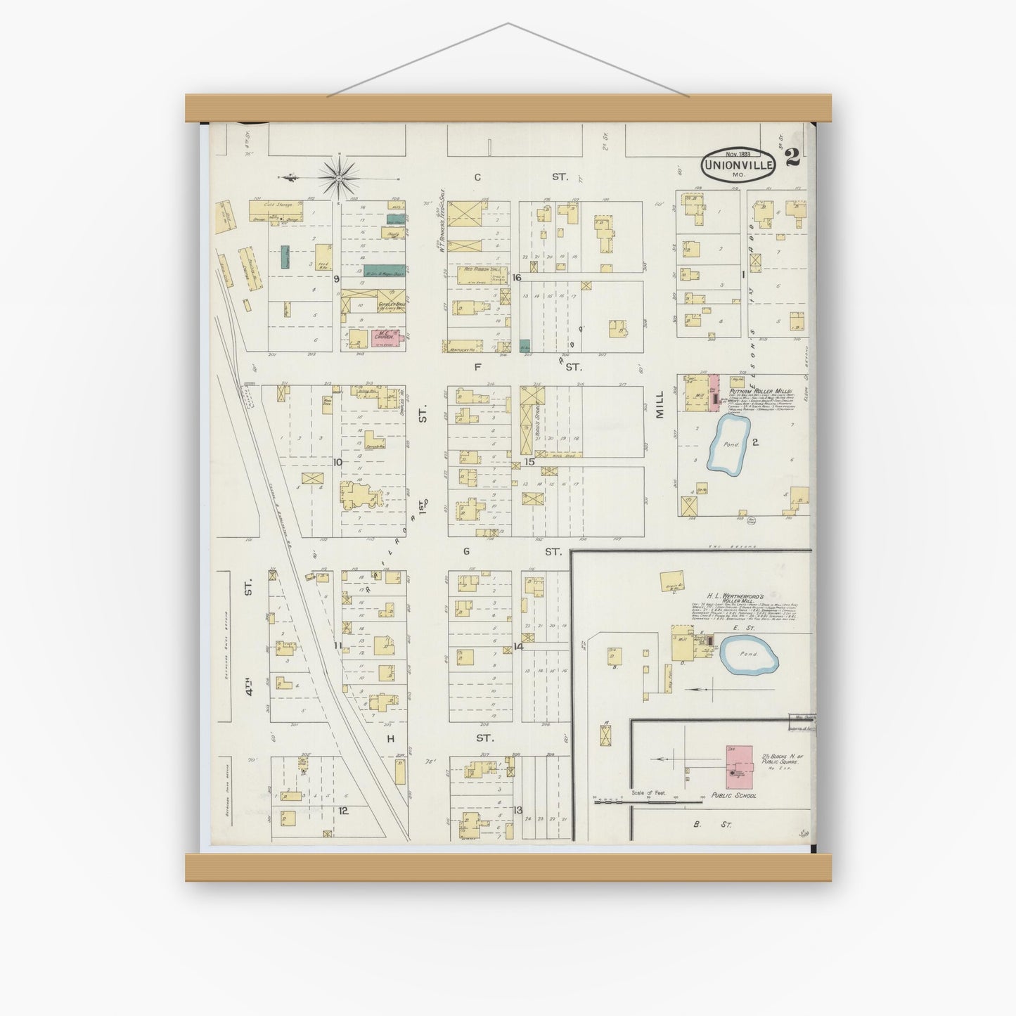 Old map wall art mockup — magnetic wood frame on white wall — Sanborn Fire Insurance Map from Unionville, Putnam County, Missouri (1893), Sheet #0002
