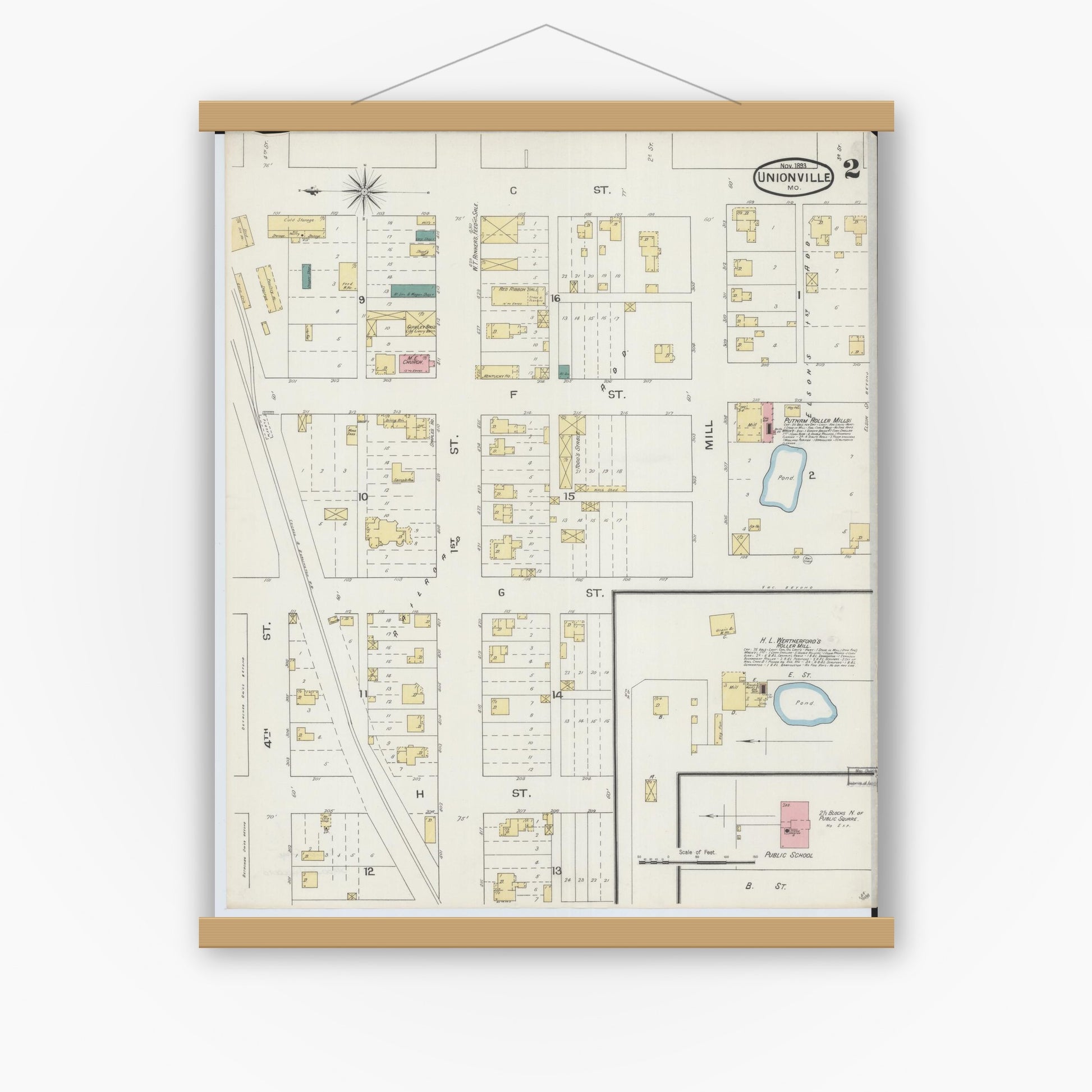 Old map wall art mockup — magnetic wood frame on white wall — Sanborn Fire Insurance Map from Unionville, Putnam County, Missouri (1893), Sheet #0002