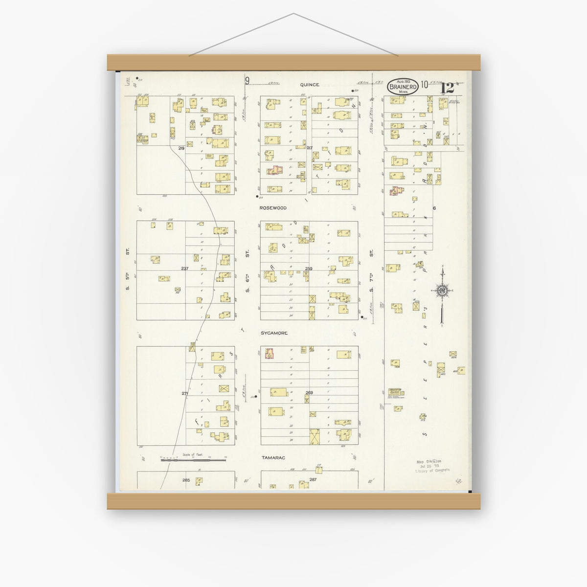 Old map wall art mockup — magnetic wood frame on white wall — Sanborn Fire Insurance Map from Brainerd, Crow Wing County, Minnesota (1913), Sheet #0012