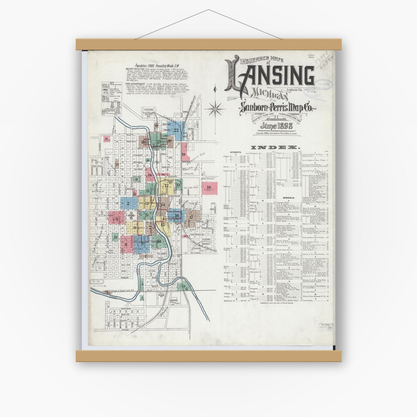 Old map wall art mockup — magnetic wood frame on white wall — Sanborn Fire Insurance Map from Lansing, Ingham County, Michigan (1898) - Complete Map Set