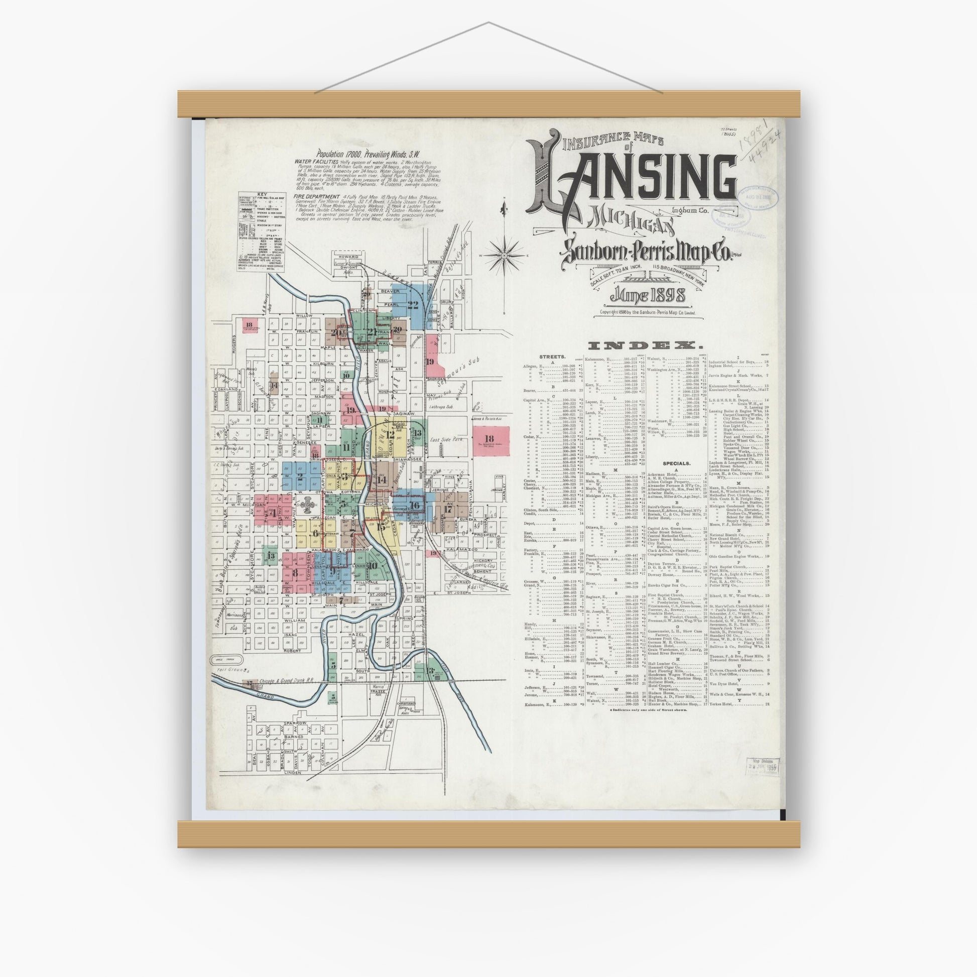Old map wall art mockup — magnetic wood frame on white wall — Sanborn Fire Insurance Map from Lansing, Ingham County, Michigan (1898) - Complete Map Set