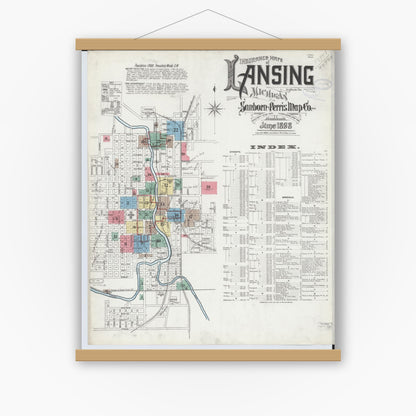 Old map wall art mockup — magnetic wood frame on white wall — Sanborn Fire Insurance Map from Lansing, Ingham County, Michigan (1898) - Complete Map Set