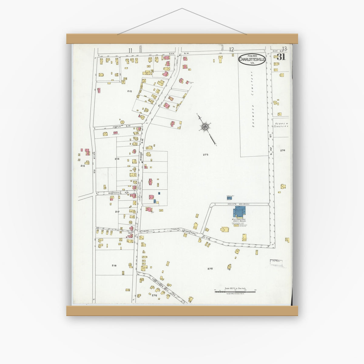Old map wall art mockup — magnetic wood frame on white wall — Sanborn Fire Insurance Map from Charlottesville, Independent Cities, Virginia (1920), Sheet #0031