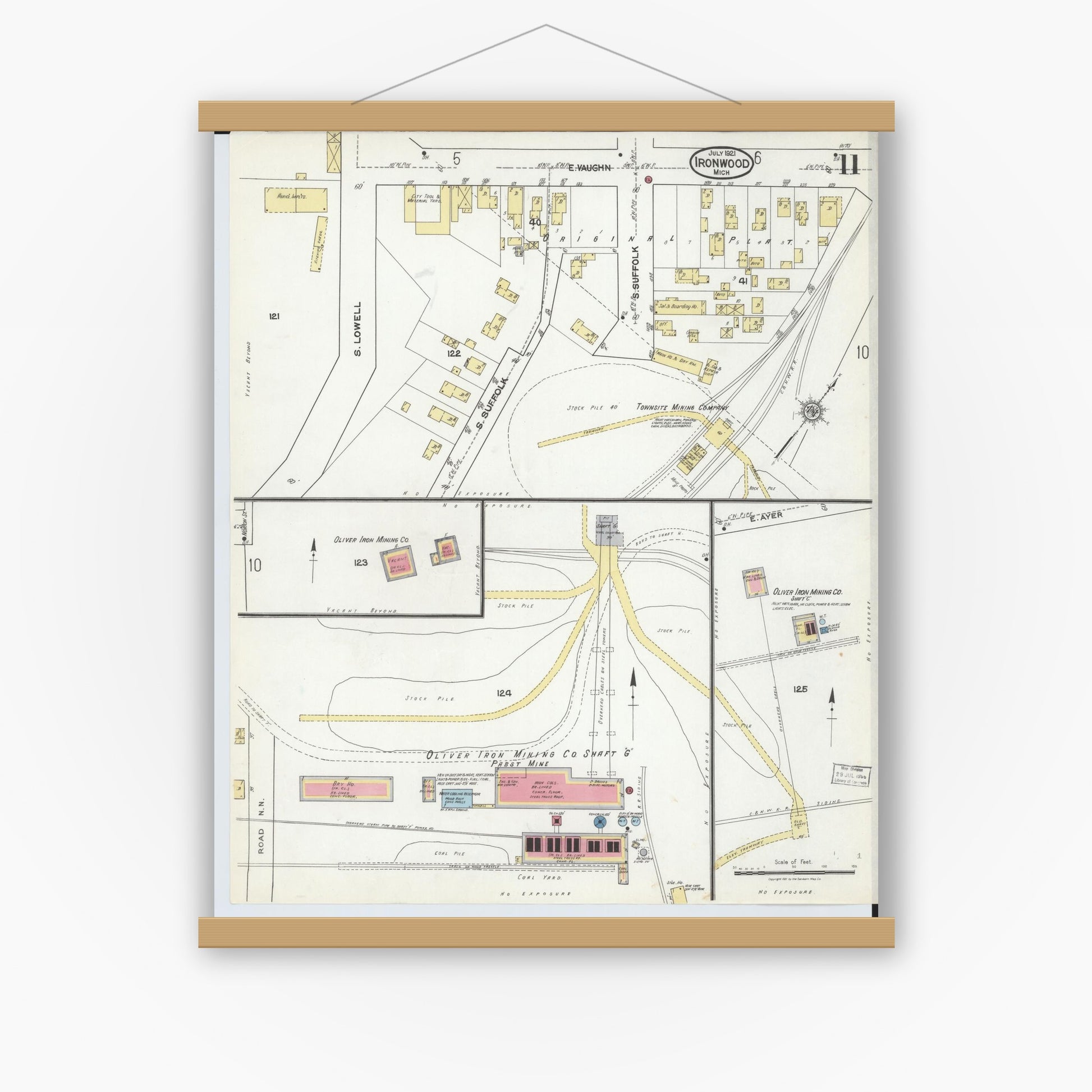 Old map wall art mockup — magnetic wood frame on white wall — Sanborn Fire Insurance Map from Ironwood, Gogebic County, Michigan (1921), Sheet #0011
