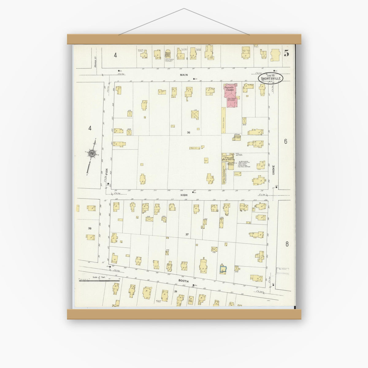 Old map wall art mockup — magnetic wood frame on white wall — Sanborn Fire Insurance Map from Shortsville, Ontario County, New York (1911), Sheet #0005