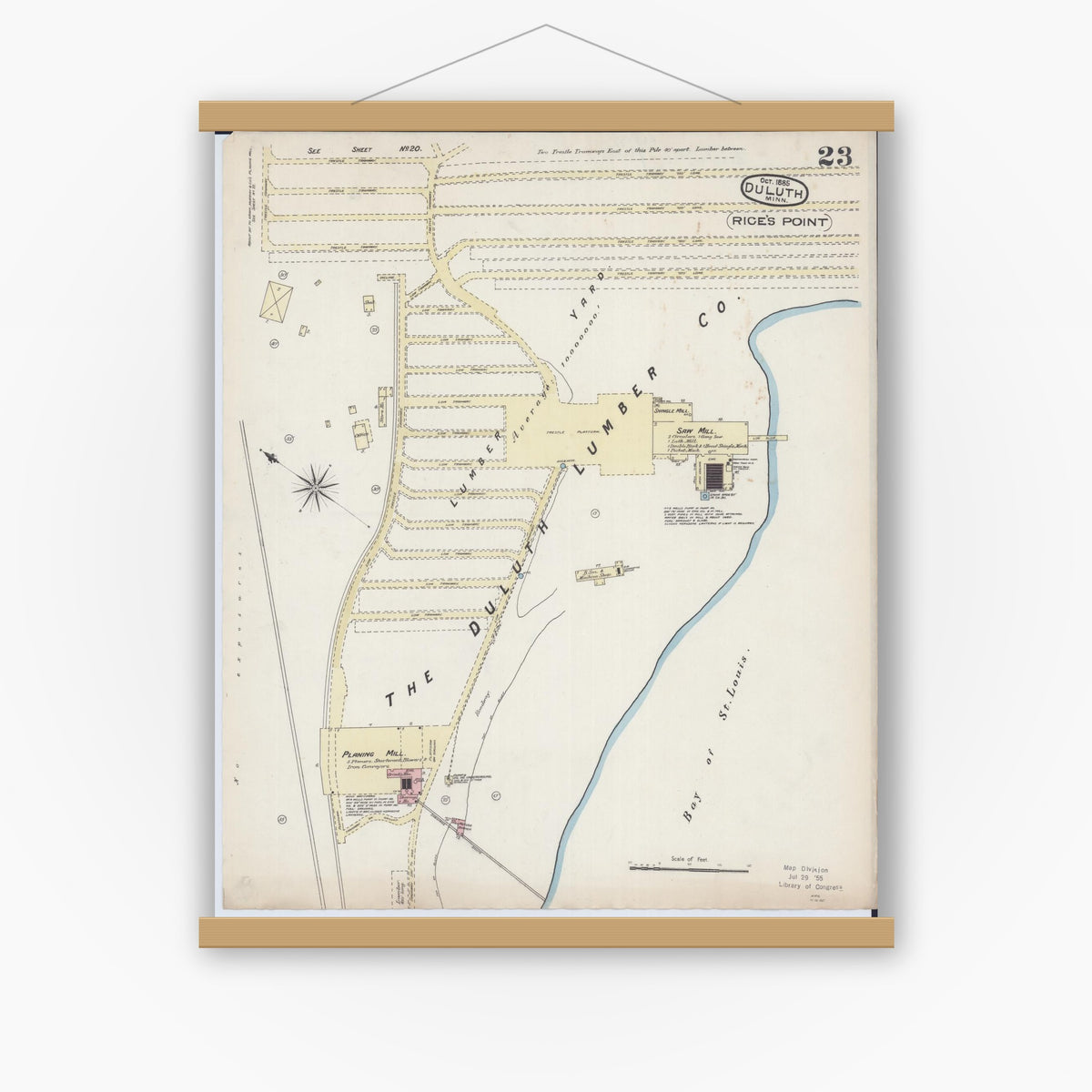 Old map wall art mockup — magnetic wood frame on white wall — Sanborn Fire Insurance Map from Duluth, Saint Louis County, Minnesota (1885), Sheet #0023