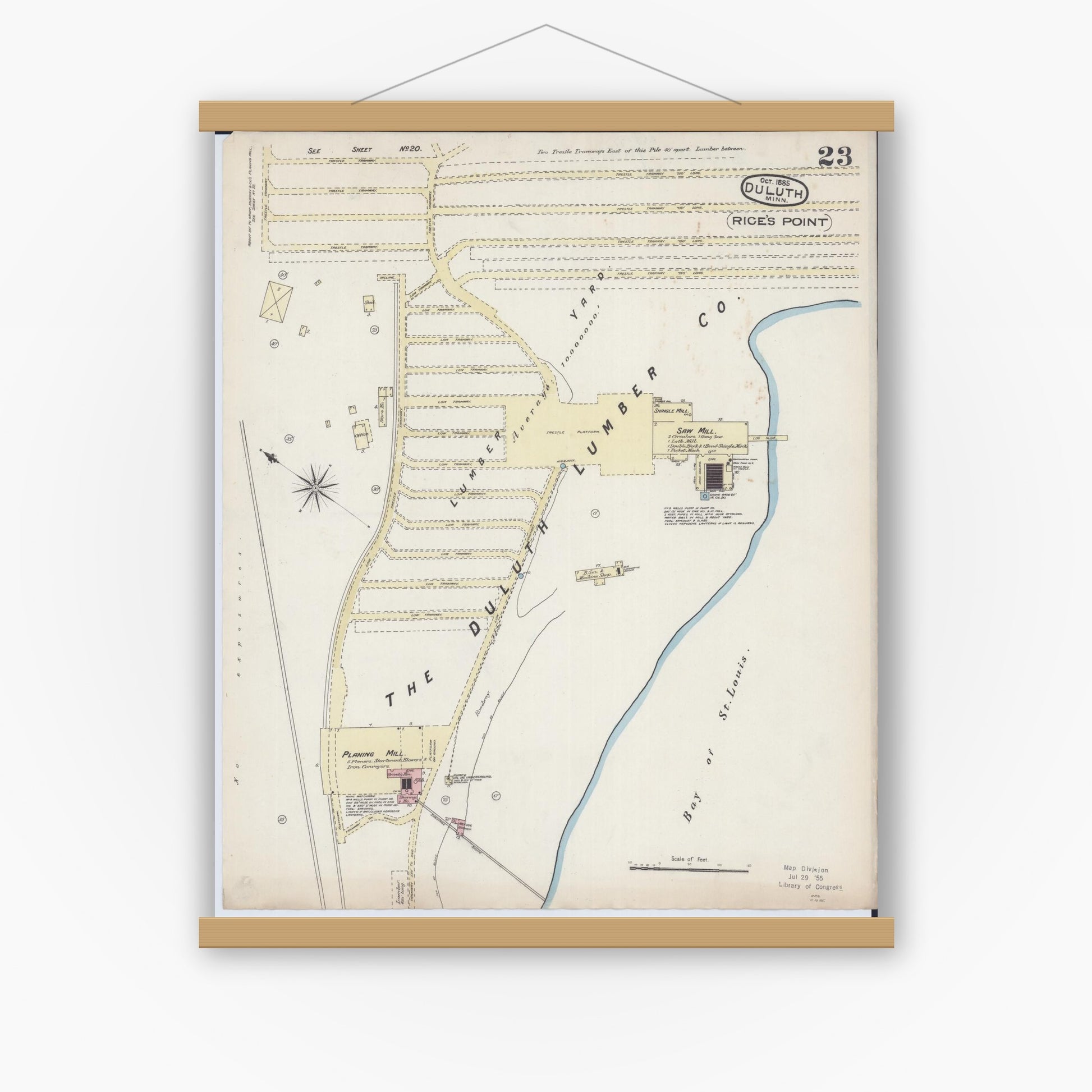 Old map wall art mockup — magnetic wood frame on white wall — Sanborn Fire Insurance Map from Duluth, Saint Louis County, Minnesota (1885), Sheet #0023