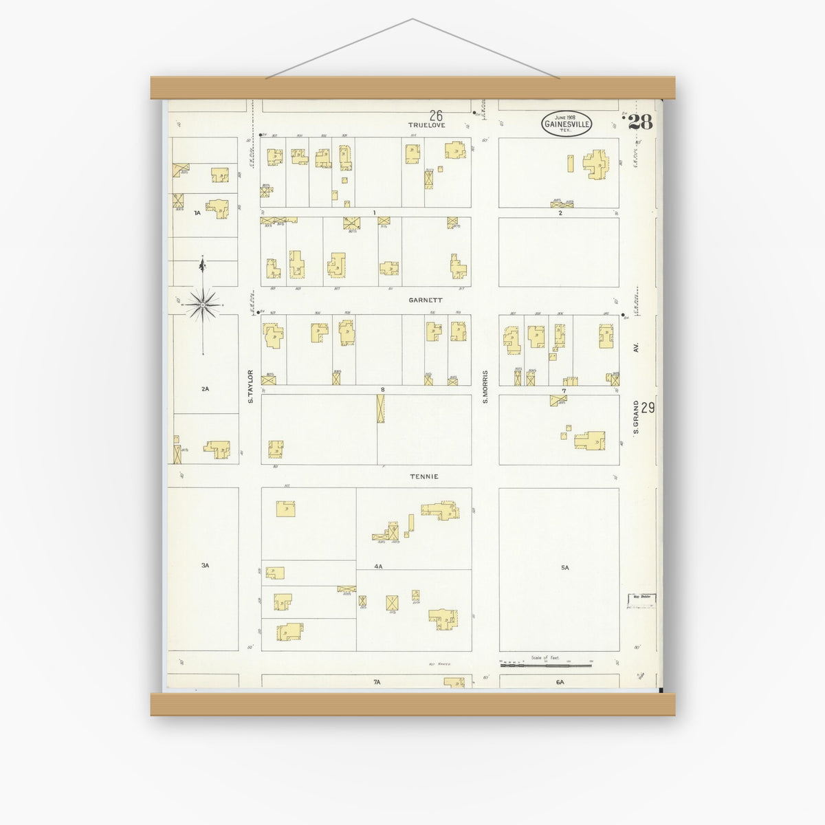 Old map wall art mockup — magnetic wood frame on white wall — Sanborn Fire Insurance Map from Gainesville, Cooke County, Texas (1908), Sheet #0028