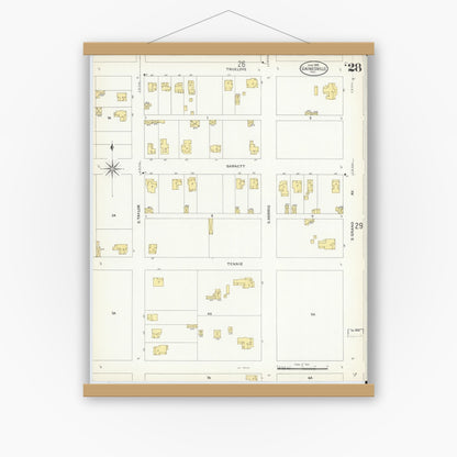 Old map wall art mockup — magnetic wood frame on white wall — Sanborn Fire Insurance Map from Gainesville, Cooke County, Texas (1908), Sheet #0028