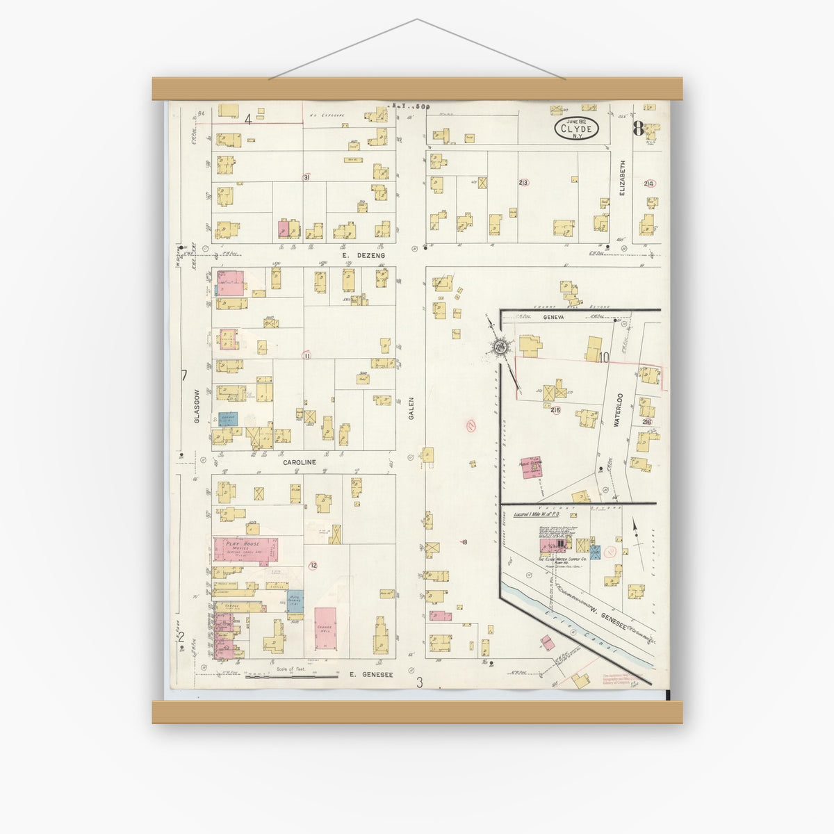 Old map wall art mockup — magnetic wood frame on white wall — Sanborn Fire Insurance Map from Clyde, Wayne County, New York (1932), Sheet #0008