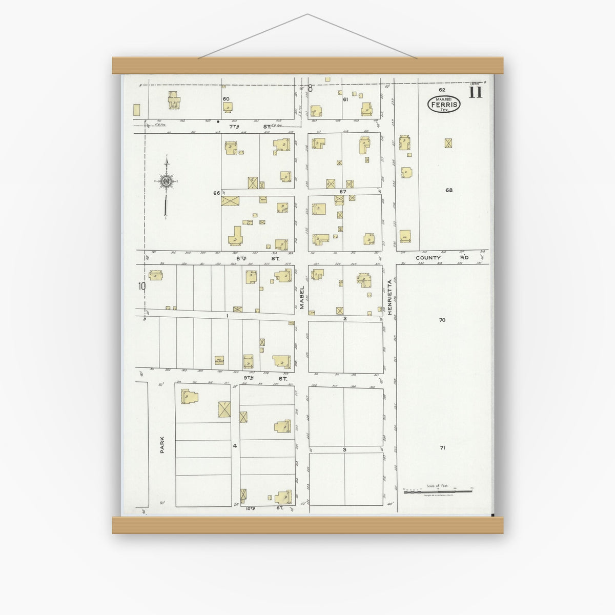 Old map wall art mockup — magnetic wood frame on white wall — Sanborn Fire Insurance Map from Ferris, Ellis County, Texas (1921), Sheet #0011