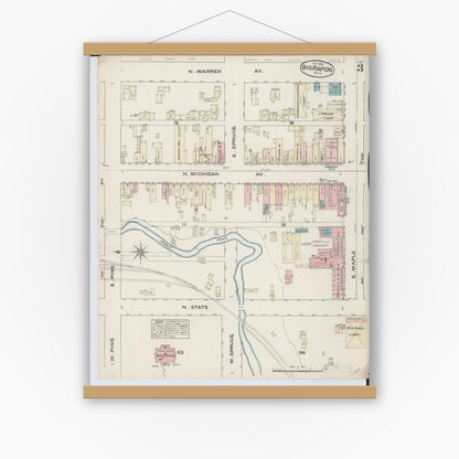 Old map wall art mockup — magnetic wood frame on white wall — Sanborn Fire Insurance Map from Big Rapids, Mecosta County, Michigan (1884), Sheet #0003