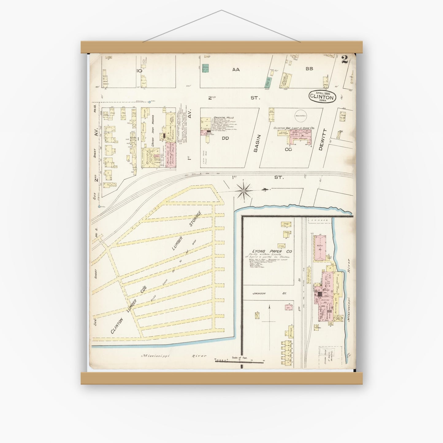 Old map wall art mockup — magnetic wood frame on white wall — Sanborn Fire Insurance Map from Clinton, Clinton County, Iowa (1885), Sheet #0002