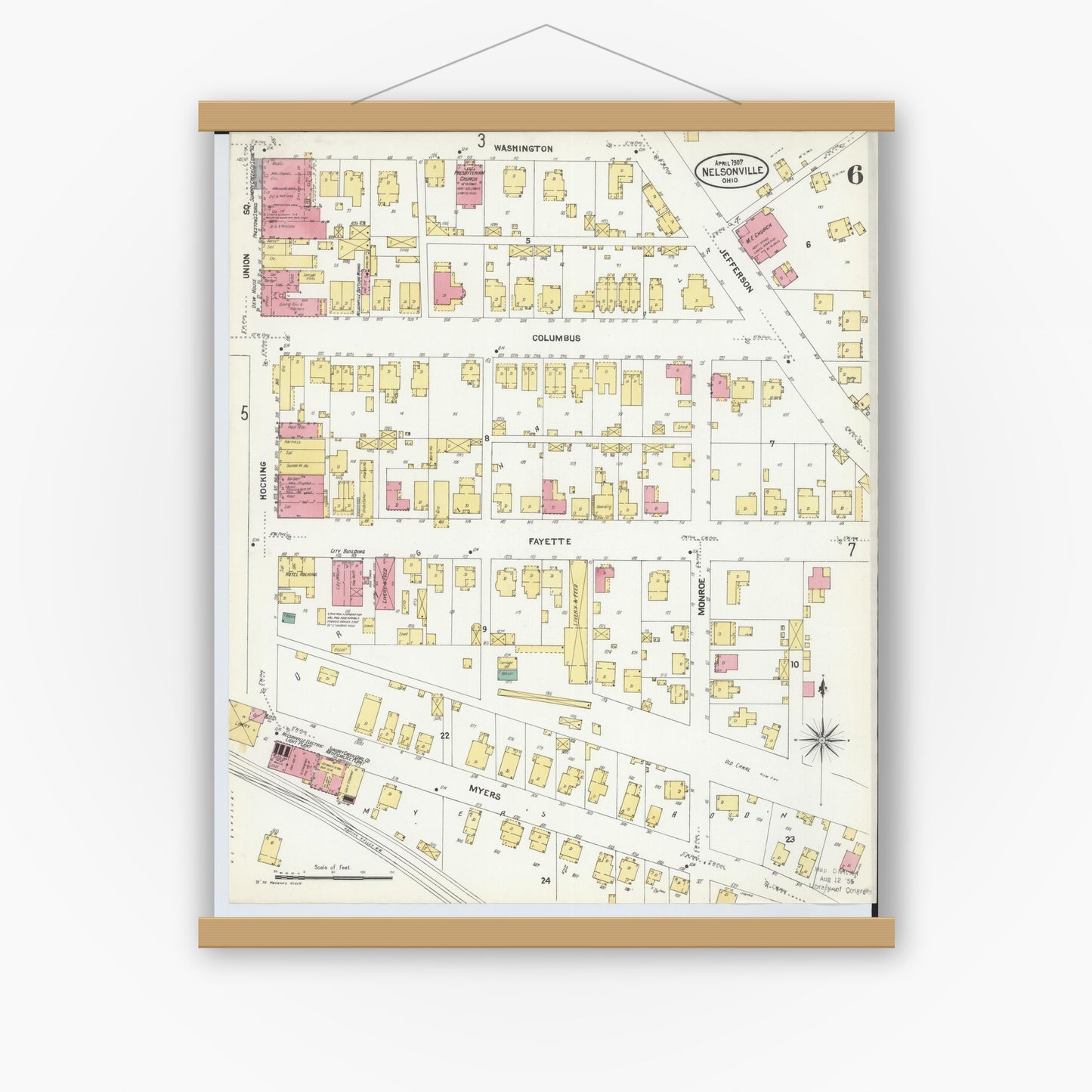 Old map wall art mockup — magnetic wood frame on white wall — Sanborn Fire Insurance Map from Nelsonville, Athens County, Ohio (1907), Sheet #0006