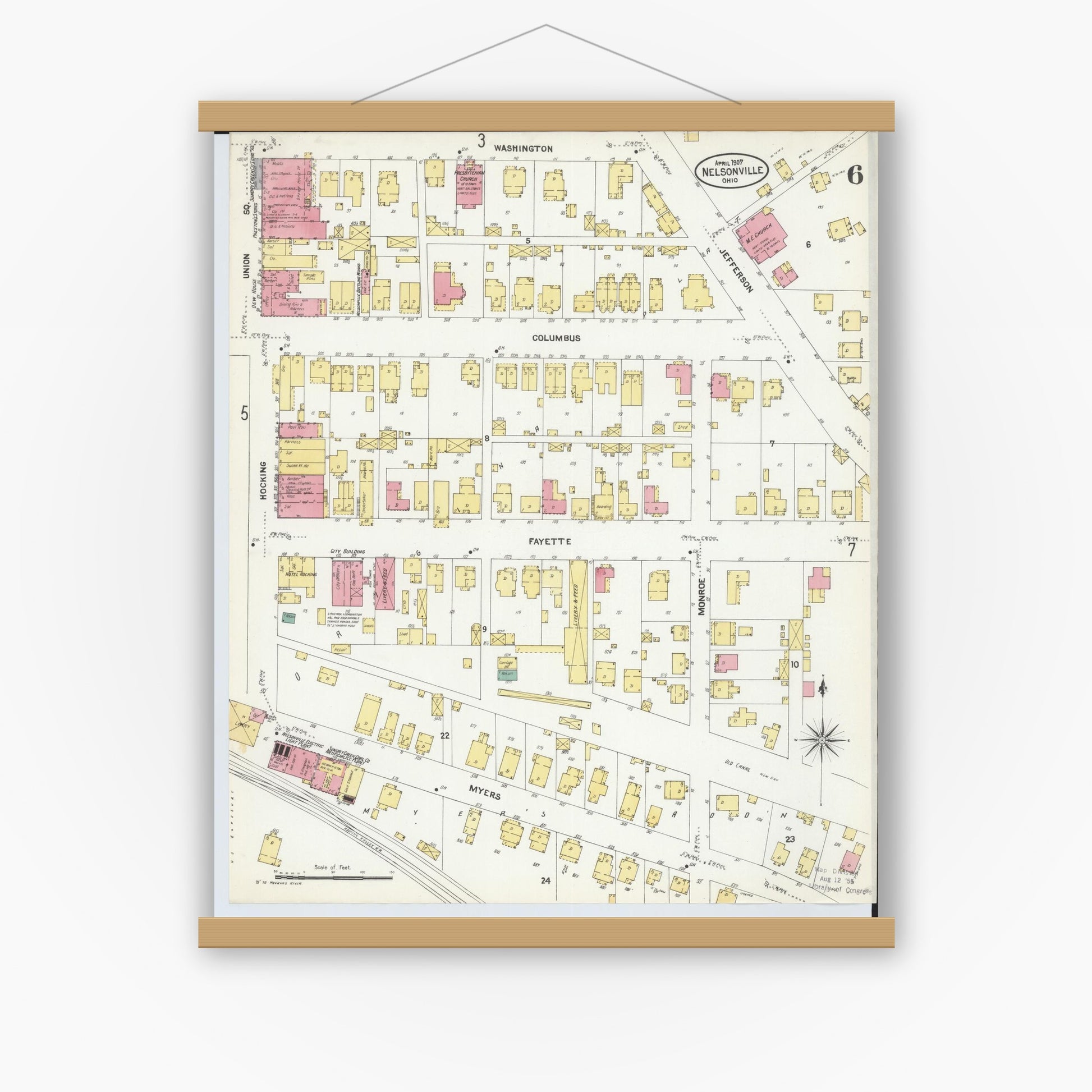 Old map wall art mockup — magnetic wood frame on white wall — Sanborn Fire Insurance Map from Nelsonville, Athens County, Ohio (1907), Sheet #0006