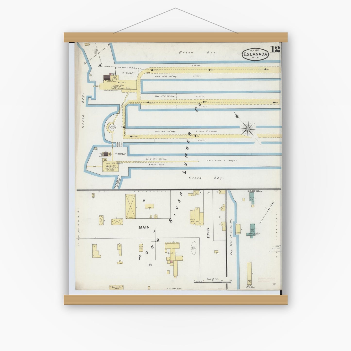 Old map wall art mockup — magnetic wood frame on white wall — Sanborn Fire Insurance Map from Escanaba, Delta County, Michigan (1893), Sheet #0012