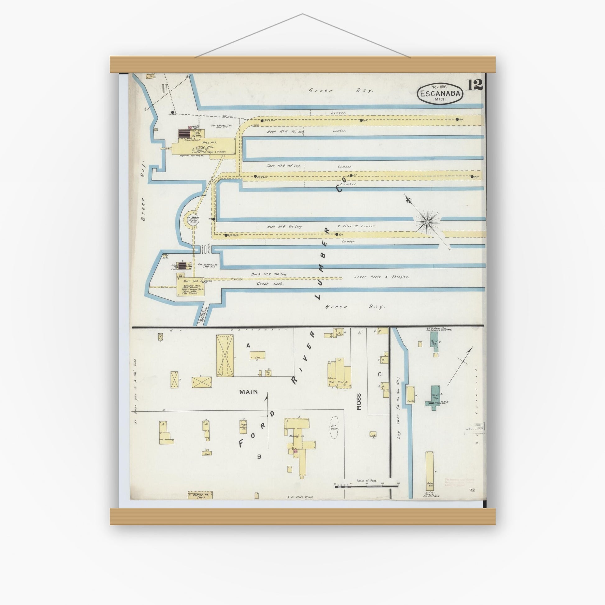 Old map wall art mockup — magnetic wood frame on white wall — Sanborn Fire Insurance Map from Escanaba, Delta County, Michigan (1893), Sheet #0012