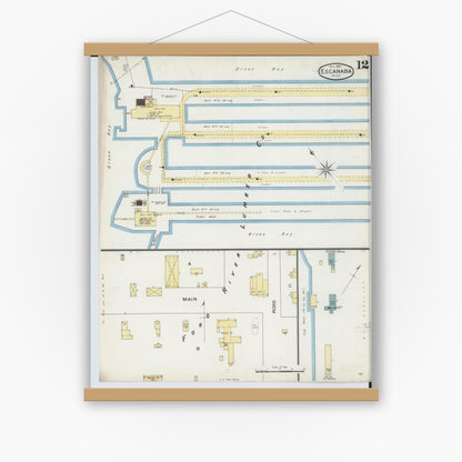 Old map wall art mockup — magnetic wood frame on white wall — Sanborn Fire Insurance Map from Escanaba, Delta County, Michigan (1893), Sheet #0012