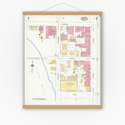 Old map wall art mockup — magnetic wood frame on white wall — Sanborn Fire Insurance Map from Kinston, Lenoir County, North Carolina (1925), Sheet #0007