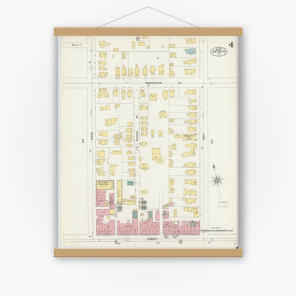 Old map wall art mockup — magnetic wood frame on white wall — Sanborn Fire Insurance Map from Batavia, Genesee County, New York (1901), Sheet #0004