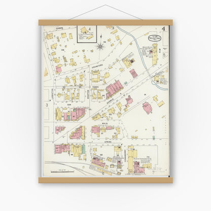 Old map wall art mockup — magnetic wood frame on white wall — Sanborn Fire Insurance Map from Palestine, Anderson County, Texas (1896), Sheet #0004