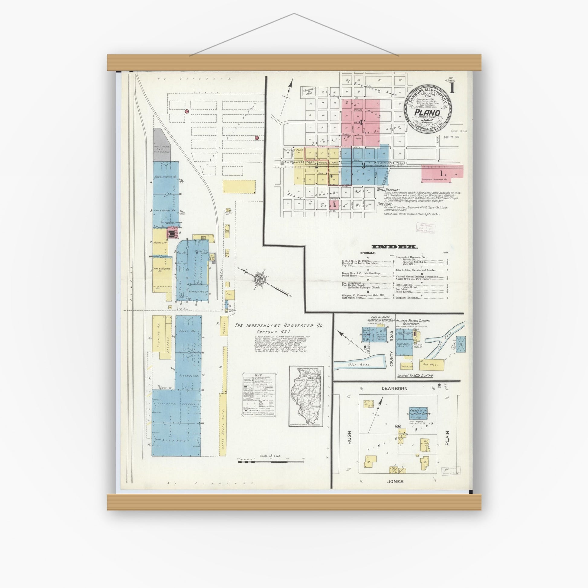 Old map wall art mockup — magnetic wood frame on white wall — Sanborn Fire Insurance Map from Plano, Kendall County, Illinois (1912), Sheet #0001