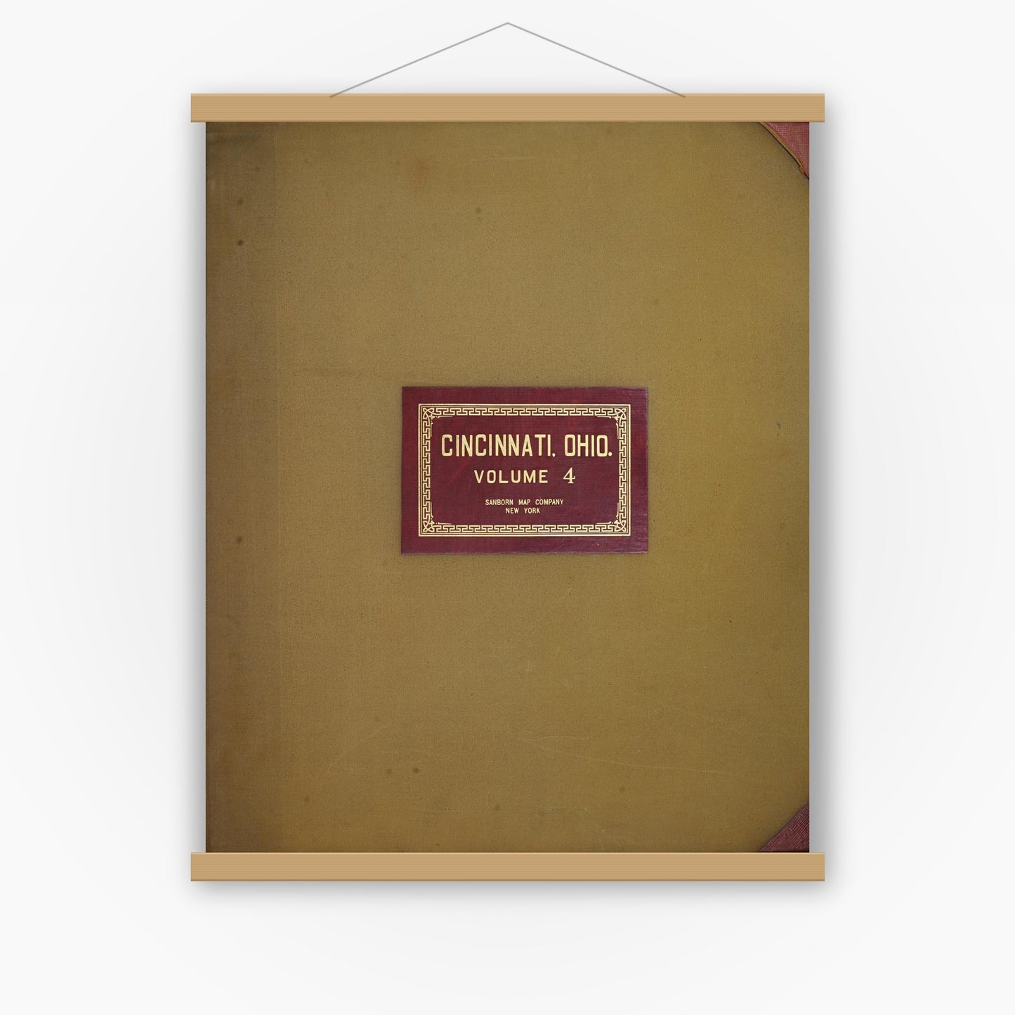 Old map wall art mockup — magnetic wood frame on white wall — Sanborn Fire Insurance Map from Cincinnati, Hamilton County, Ohio (1949), Sheet #0001