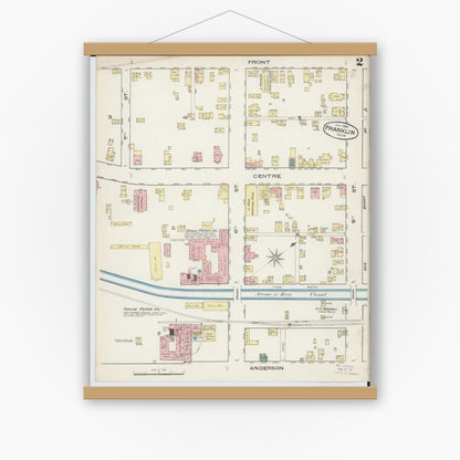Old map wall art mockup — magnetic wood frame on white wall — Sanborn Fire Insurance Map from Franklin, Warren County, Ohio (1885), Sheet #0002