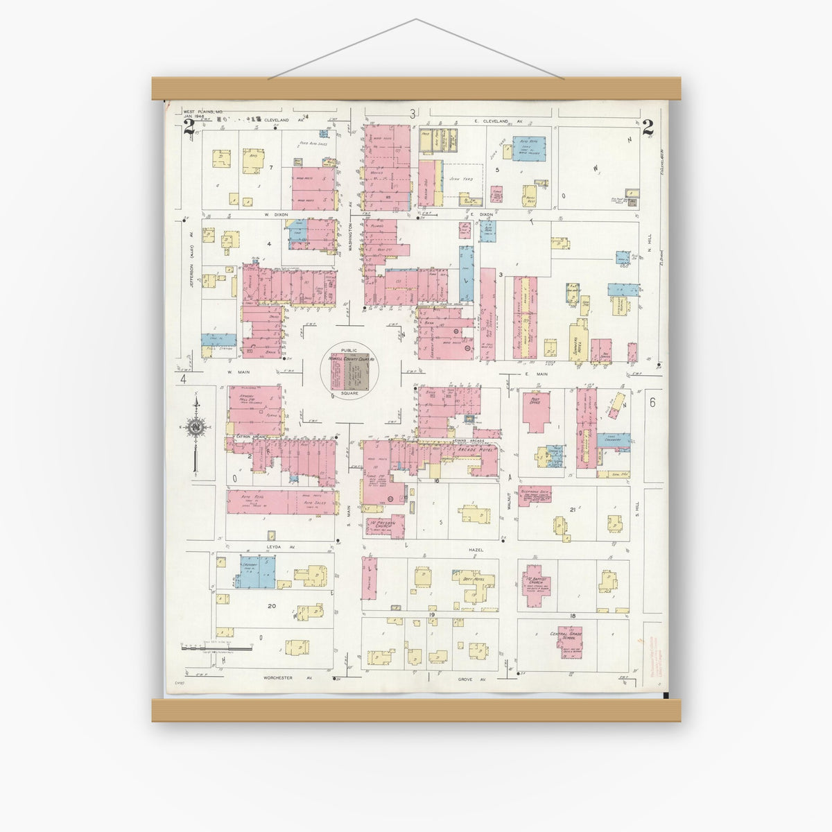 Old map wall art mockup — magnetic wood frame on white wall — Sanborn Fire Insurance Map from West Plains, Howell County, Missouri (1948), Sheet #0002