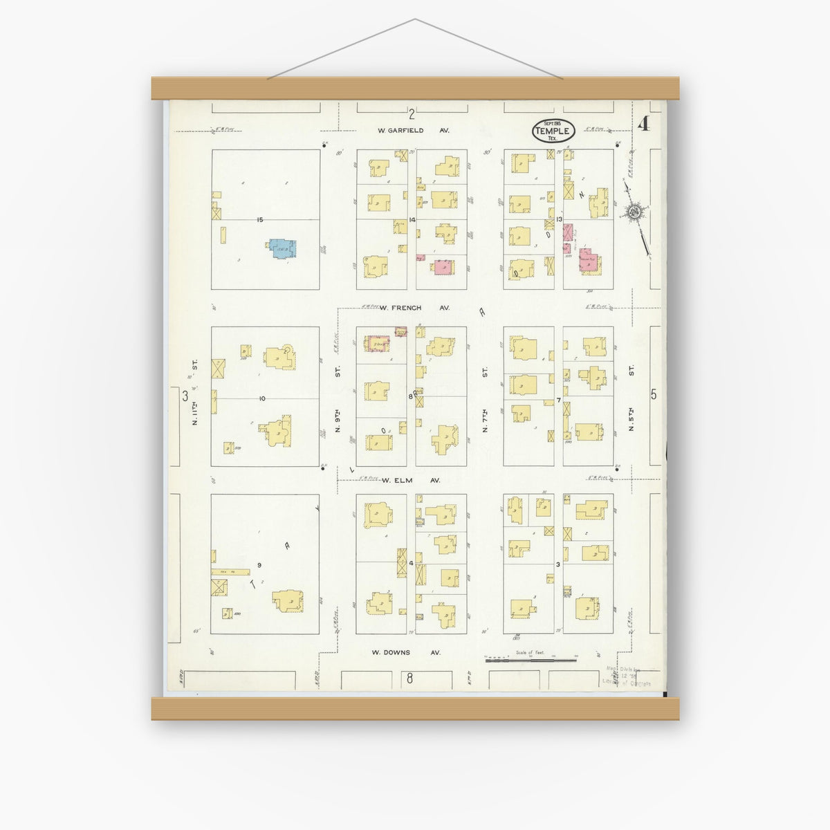 Old map wall art mockup — magnetic wood frame on white wall — Sanborn Fire Insurance Map from Temple, Bell County, Texas (1915), Sheet #0004