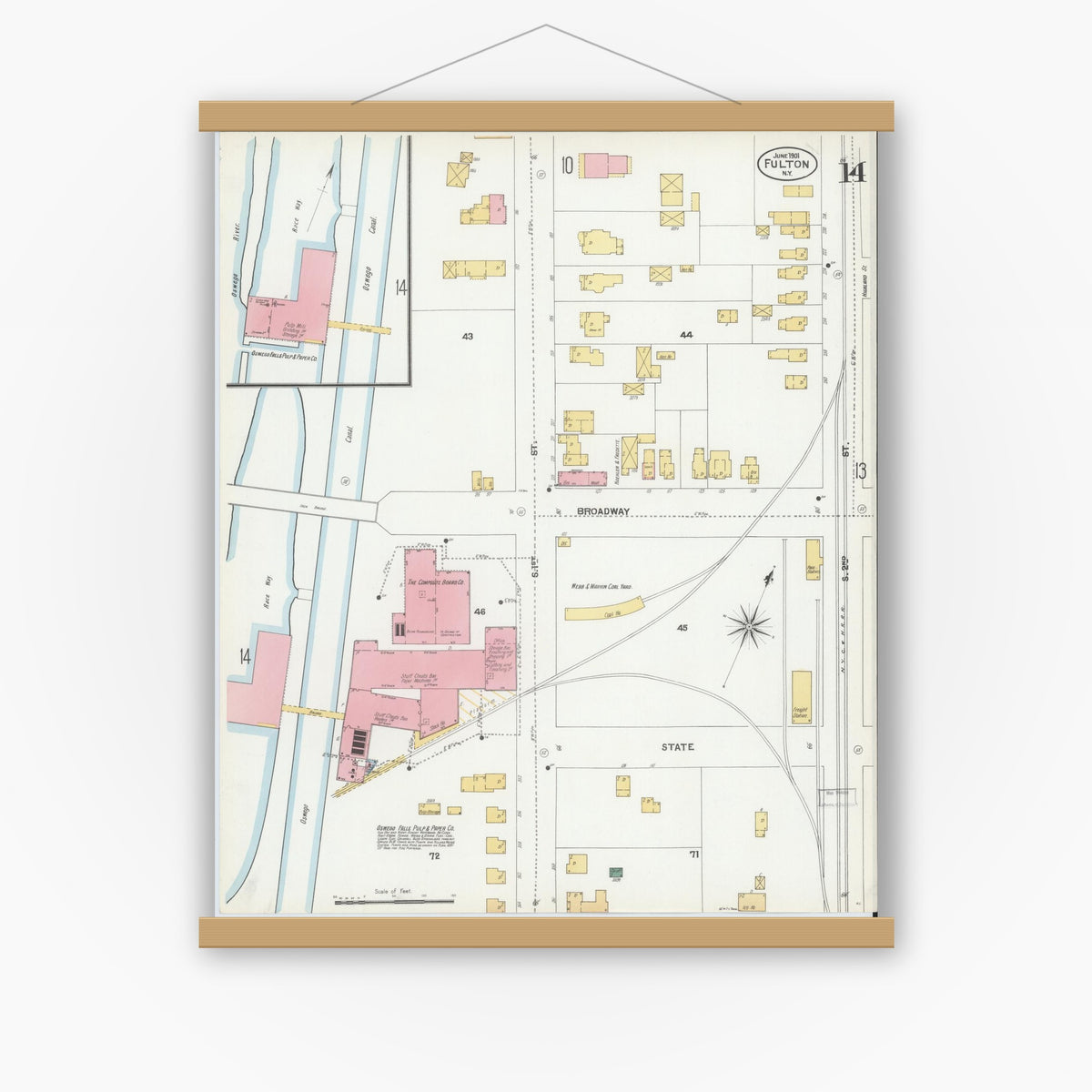 Old map wall art mockup — magnetic wood frame on white wall — Sanborn Fire Insurance Map from Fulton, Oswego County, New York (1901), Sheet #0014